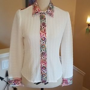 Vintage White Button-Down Shirt with Multicolor Embroidered Trim